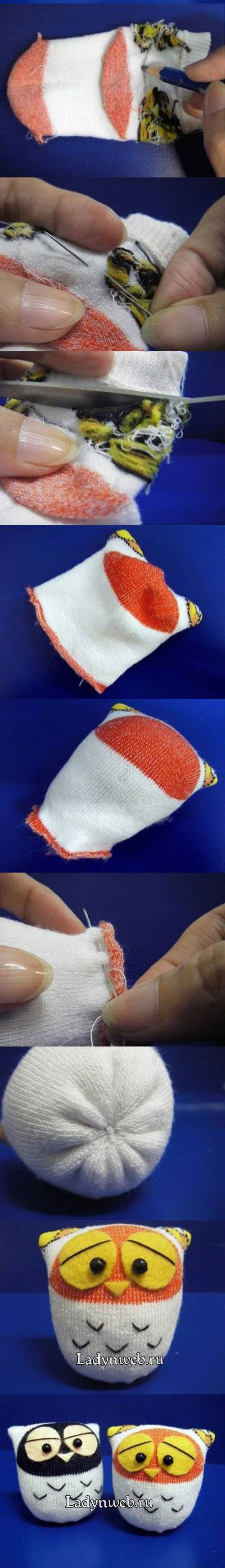 Игрушки совы из детских носков